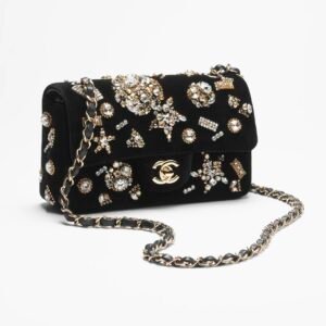 MINI CLASSIC HANDBAG
 
Velvet, Strass, Imitation Pearls & Gold-Tone Metal 
Black, Crystal & Golden