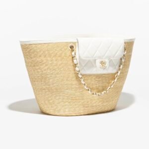 CHANEL LARGE TOTE
 
Braided Straw, Lambskin & Gold-Tone Metal 
Beige & White