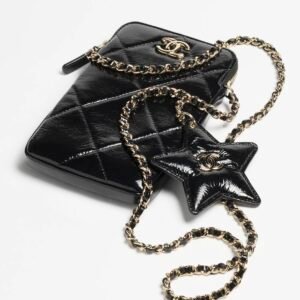 PHONE HOLDER WITH CHAIN
 
Shiny Crumpled Calfskin & Gold-Tone Metal 
Black