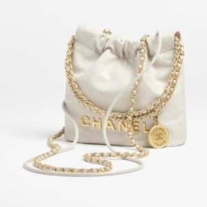 CHANEL 22 MINI HANDBAG
 
Shiny Calfskin & Gold-Tone Metal 
Light Grey