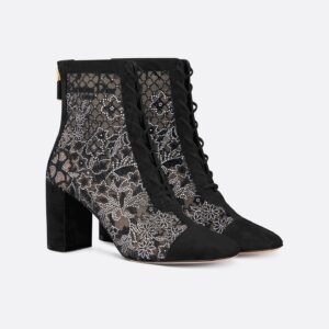 Naughtily-D Heeled Ankle Boot
Transparent Mesh Embroidered with Black Millefiori Motif and Silver-Tone Strass