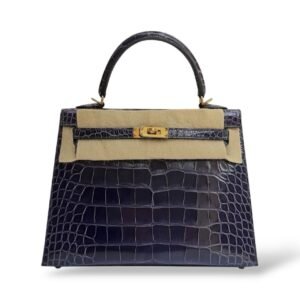 Hermes Kelly 25 Bleu Encre Shiny Alligator GHW