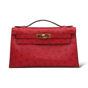 Hermes Kelly Pochette Rouge Vif Ostrich GHW