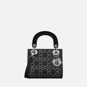 Christian Dior Mini Lady Dior bag in black strass cannage satin with palladium-finish metal D.I.O.R. charms.