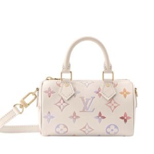 Louis Vuitton Nano Speedy bag in white Monogram Empreinte leather.