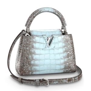 Louis Vuitton Capucines Mini bag crafted from precious lizard or crocodile skin with a light blue and grey finish