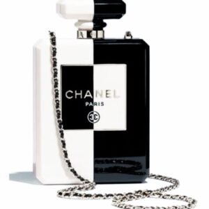 Chanel white and black plexiglass perfume bottle clutch bag