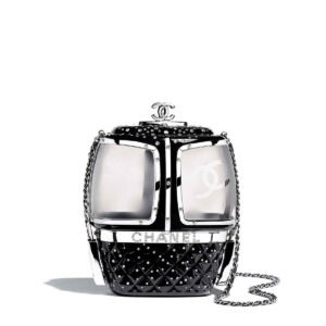 Chanel Gondola Minaudière evening clutch bag in black plexiglass with silver-tone hardware and rhinestone embellishments.