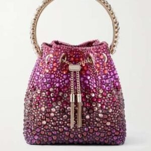 Jimmy Choo Bon Bon crystal-embellished satin bucket bag in a winter bloom and violet orchid gradient.
