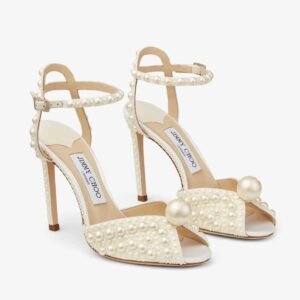 White Satin Sandals with All Over Pearls