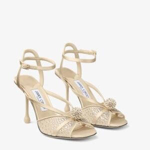 Light Soft Gold Mesh and Satin Sandals with Dégradé Galaxy Crystal and Crystal Sphere Embellishment