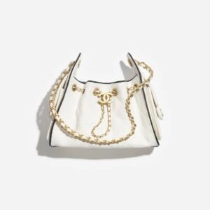 CHANEL 25 MINI HANDBAG
 
Braided Raffia, Calfskin & Gold-Tone Metal 
White & Black