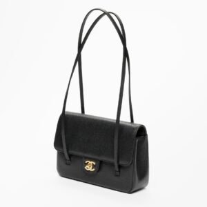 SMALL FLAP BAG
Grained Shiny Calfskin & Gold-Tone Metal 
Black