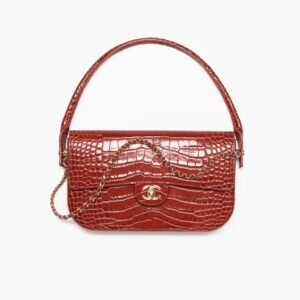 Small Handbag - Burgundy - Crocodile Embossed Calfskin & Gold-Tone Metal